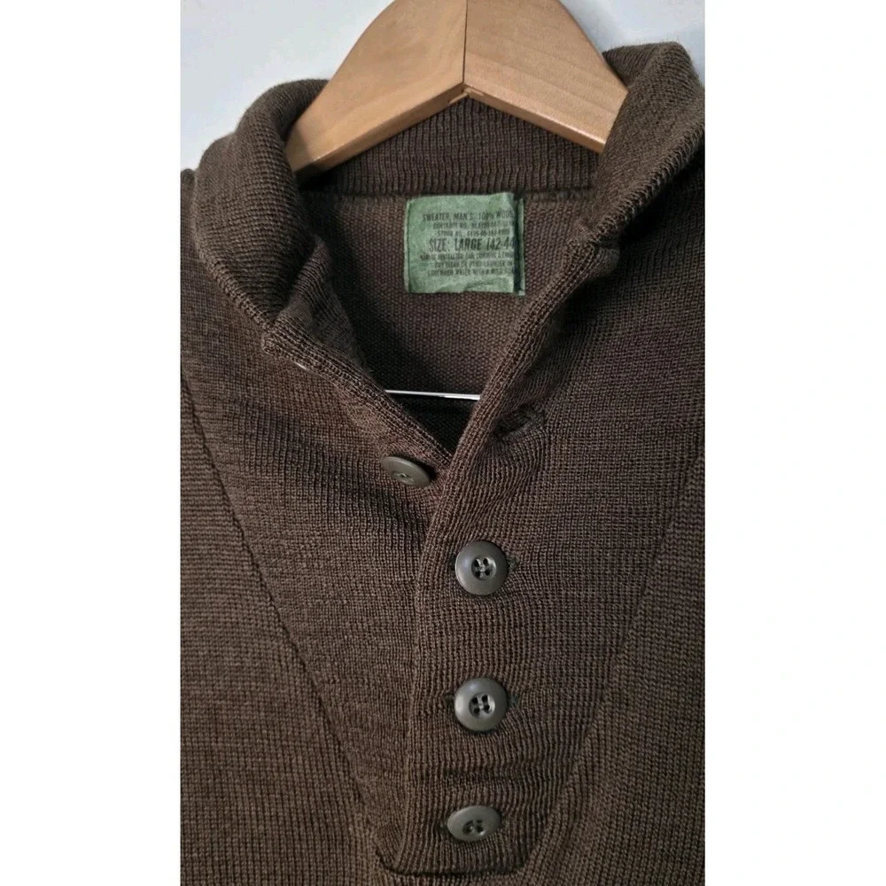 Vintage‎ Army Sweater Shirt Men L 100% Wool 5 Button Military Henley Brown USA